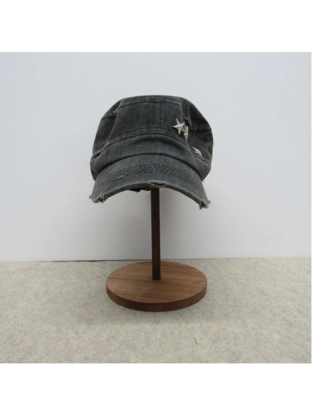 Y2K Mall Goth Distressed Black Cadet Hat Silver Star Studs Flat Top Military Cap